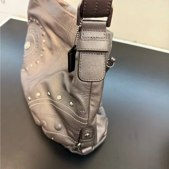 Coach Gray Silver Leather Studded Embossed Shoulder Crossbody Bag - Picture 5 of 7